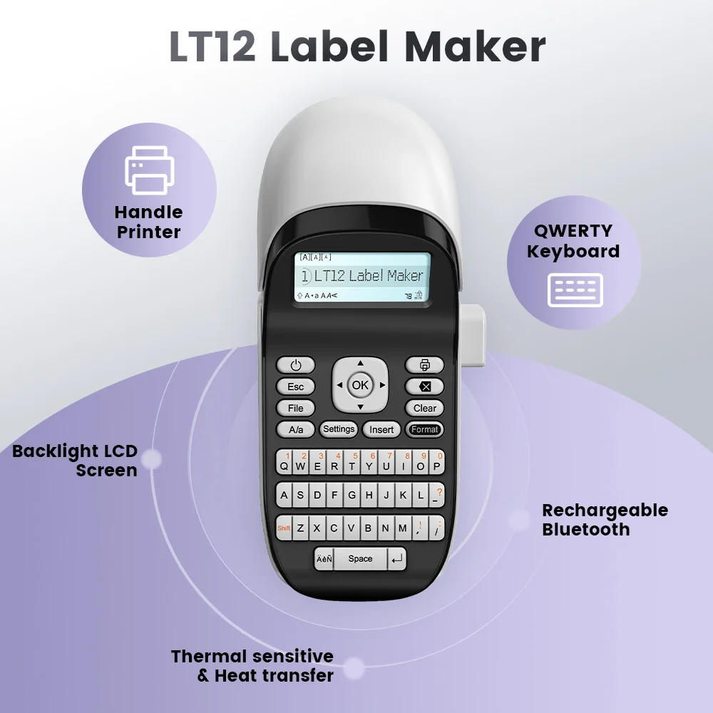 LT12 Label Maker Портативный бесчернильный принтер для этикеток Bluetooth Ручной принтер для наклеек для офиса и дома Qwerty Клавиатура One-Touch Key LT12 Label Maker Портативный бесчернильный принтер для этикеток Bluetooth Ручной принтер для наклеек для офиса и дома Qwerty Клавиатура One-Touch Key