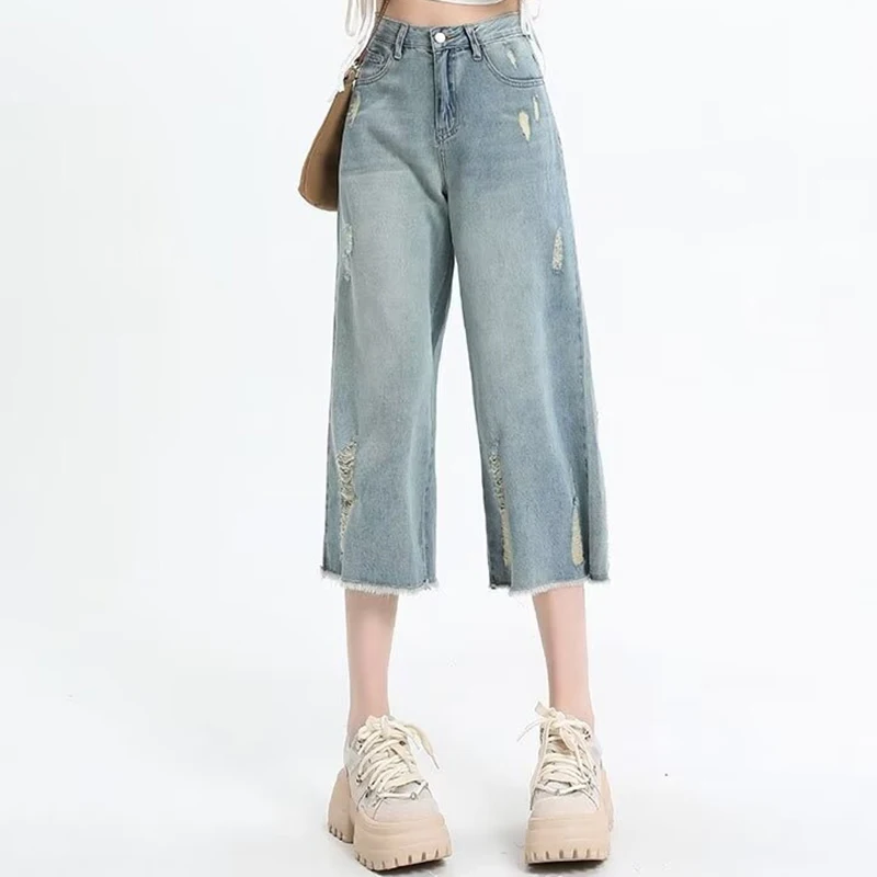 Female High Waisted Denim Straight Leg Slacks Jeans Girls Baggy Wide Leg Calf Length Pants Women Loose Light Blue Capri Pants
