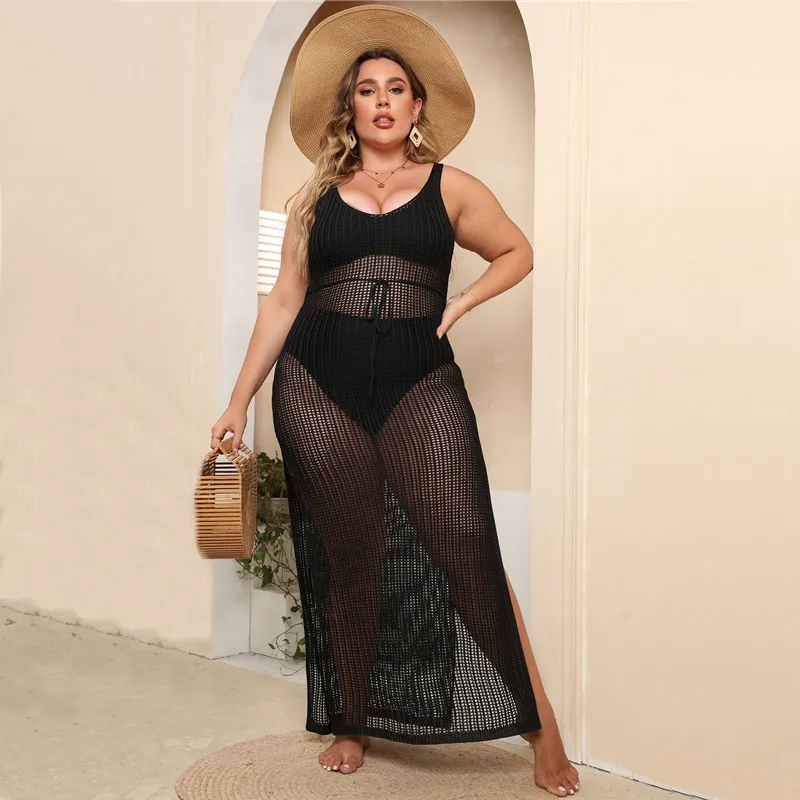 

2023 Sexy Crochet Beachdress Plus Size Bikini Cover Ups Women Sleeveless Swimsuit Summer Outfits Long Hollow Out Beach Dress