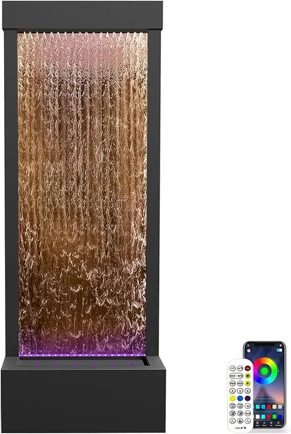 Indoor Water Fountain Mirror Waterfall Fountain with APP Controlled Multicolor LED Light, Floor Standing Fountains Kit