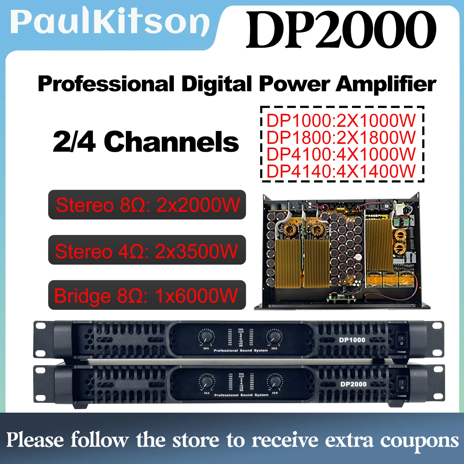 DP2000 2x2000W 8OHM Professional Digital Audio Amplifier DJ Subwoofer Preamplifier Stage Performance Speaker Power Amplifier