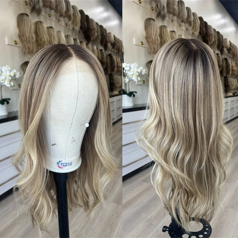 Creamy Light Blonde Lace Front Wig Long Wavy Synthetic Blonde Ombré Root Fibre Realistic Hairline Look Wig High Heat Fibre