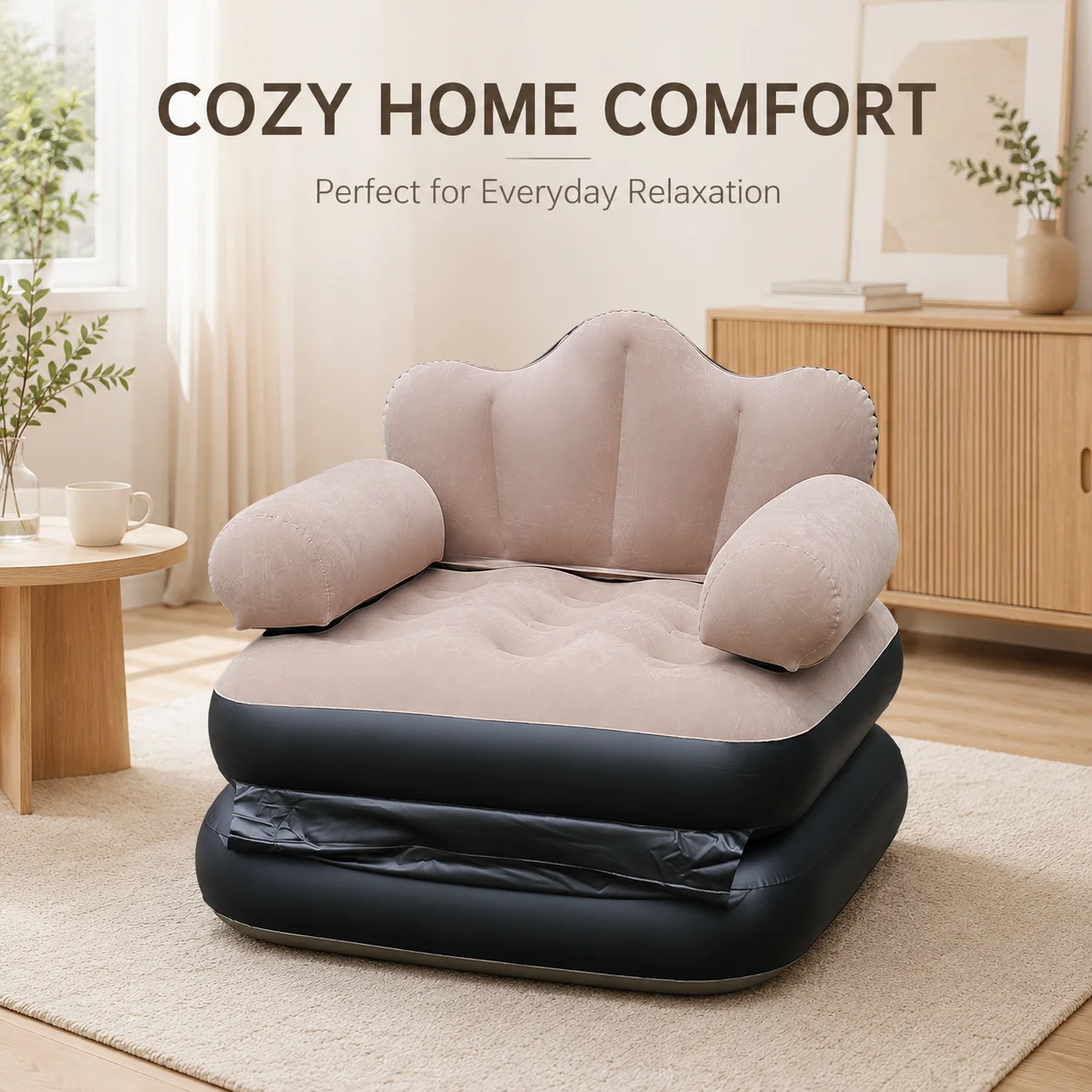 2 in 1 Inflatable Sofa Bed Folding Air Couch Chair with Armrests Portable Air Mattress Lounge Bed for Camping Home image 4