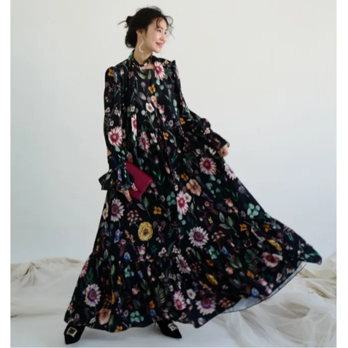 

Ele Floral Long Dr Korean Sle Regular Fit Medium Softn Other Fabric Spring Autumn Winter Street Sle Casual