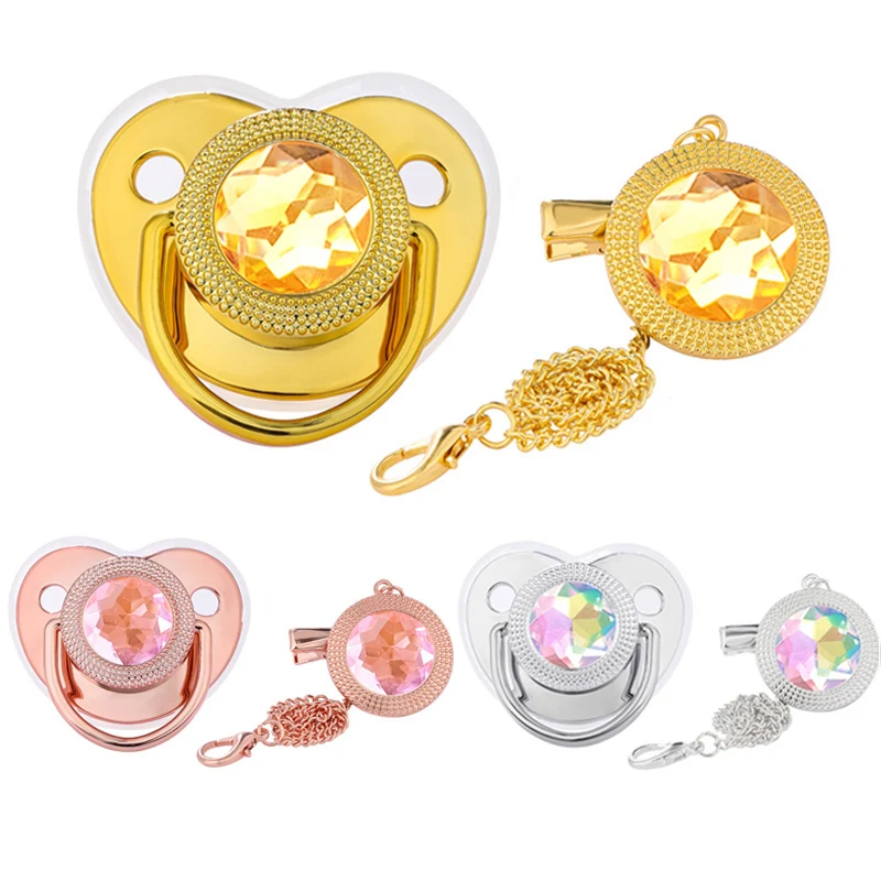 

2024 Newborn Pacifiers Clips Chain Set Shinny Colorful Crystal Baby Silicone Pacifier Holder Infant Teether Festival Shower Gift