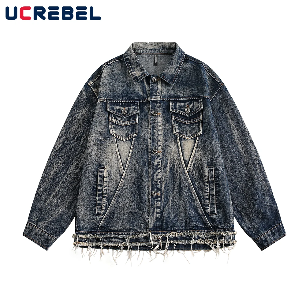 

Raw Edge Washed Distressed Denim Jacket Mens Pocket Spliced High Street Lapel Single Breasted Long Sleeve Outerwear Men