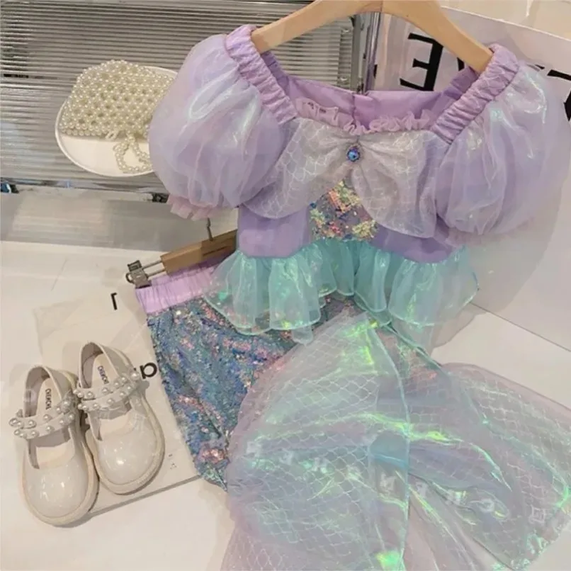 

Puff Baby Girl Sleeve Princess Mermaid Sequins Clothes Set Top+Skirt 2PCS Infant Toddler Child Suit Baby Clothing Set 1-10Y