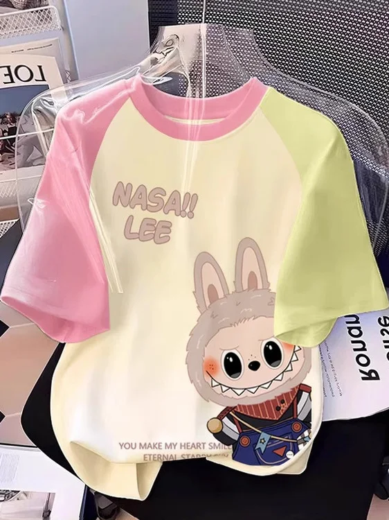 

Girls' Loose ort Sve T-irt Cartoon Patchwork Casual Faionable Top Summer 2025 New Sle round Ne Print Design