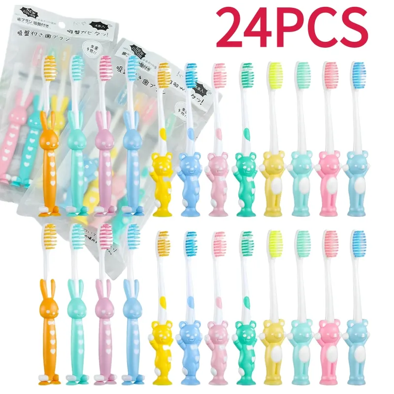 24 Pcs Kids Toothbrush Set with Covers, Soft Children Manual Brushes Bulk with Suction Cup, Rabbits and Bears Brushes for Travel