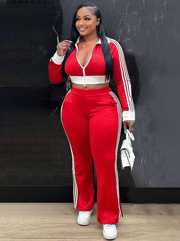 

Doyerl Sporty Casual Tracksuit Women Two Piece Sets Striped Long Sleeve Zipper Cropped Jacket Top and Sweatpants Jogging Femme