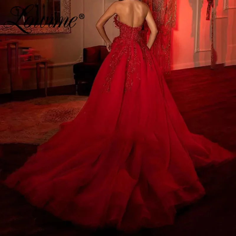 Arabic Long Prom Dresses Red Beaded A Line Evening Gowns 2021 High Split Side Sexy Celebrity Dress Custom Made Party Dress Robes