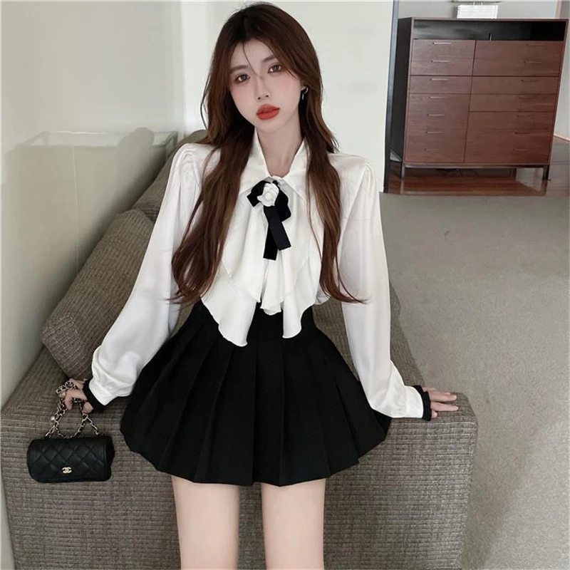 Spring and Autumn Ruffles Chiffon Long Sleeved Shirt Women Rose Black Bow Sweet Loose White Blouse Top Solid Color Uniform Shirt