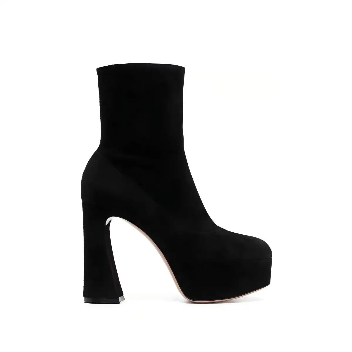 Platform Unique Curved Thick Heel Ankle Boots Women Sexy Pump Round Front Toe Stretch Suede High Street Trend Footwear