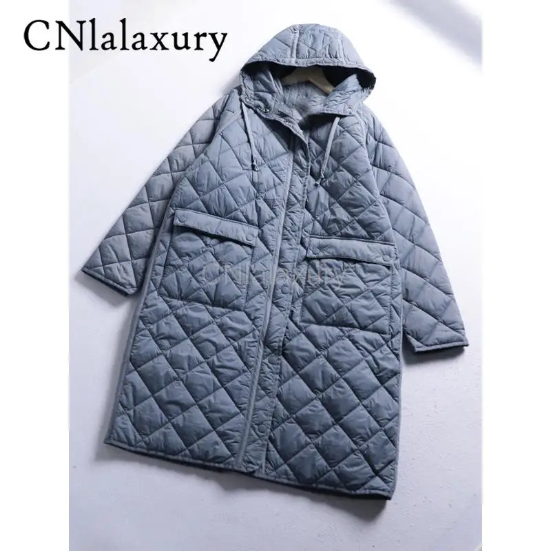 CNlalaxury Women\'s Medium Length Lightweight Diamond Checker Long CottonWarm Coat Coat winter jacket women