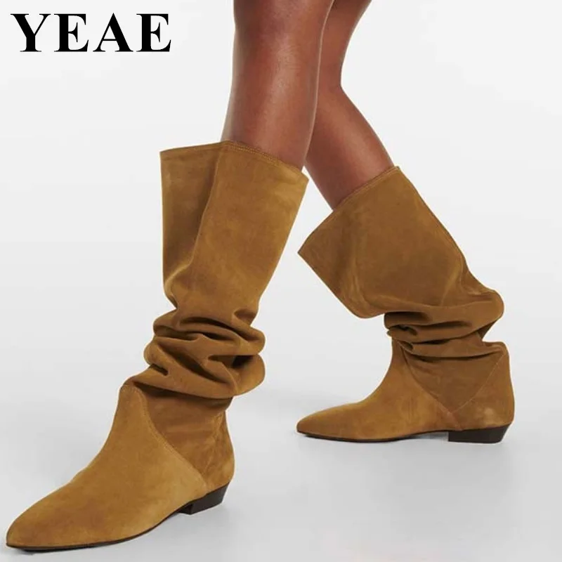 2024 New Women\'s Pleated Knee-high Boots Female Slip On Long Knight Boots Woman Winter Autumn Pointed Toe Western Cowboy Boots