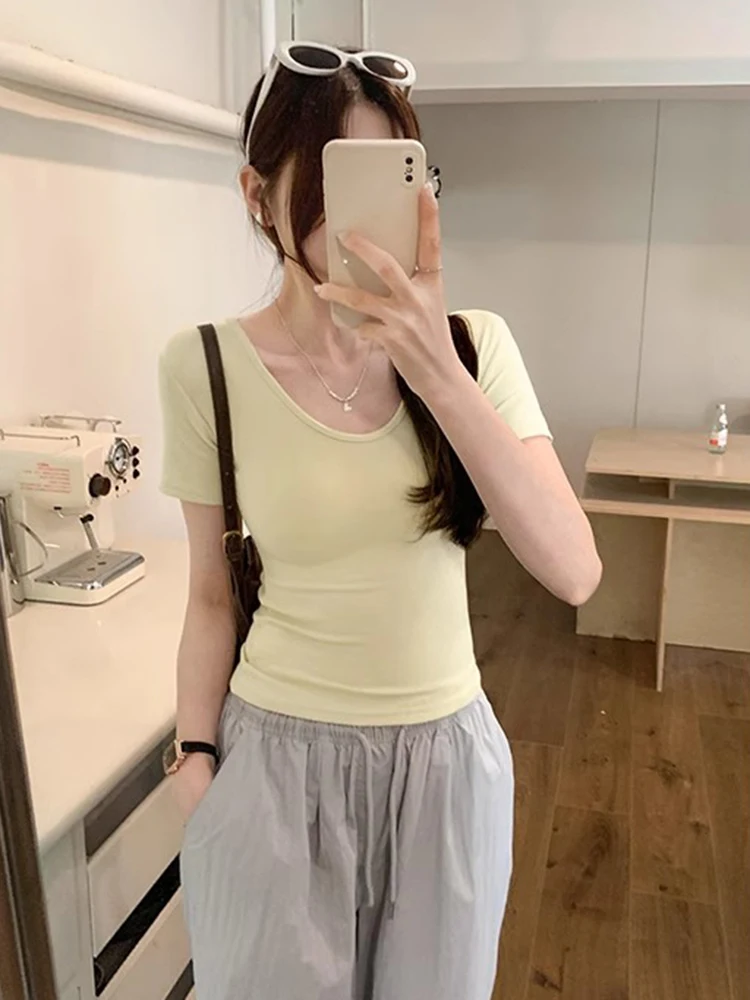 Shoulder Pad Slim Fit V-Neck Short Sleeve T-Shirt Women's Summer New Korean Style Spicy Girl Correct Shoulder Unique Exquisit...