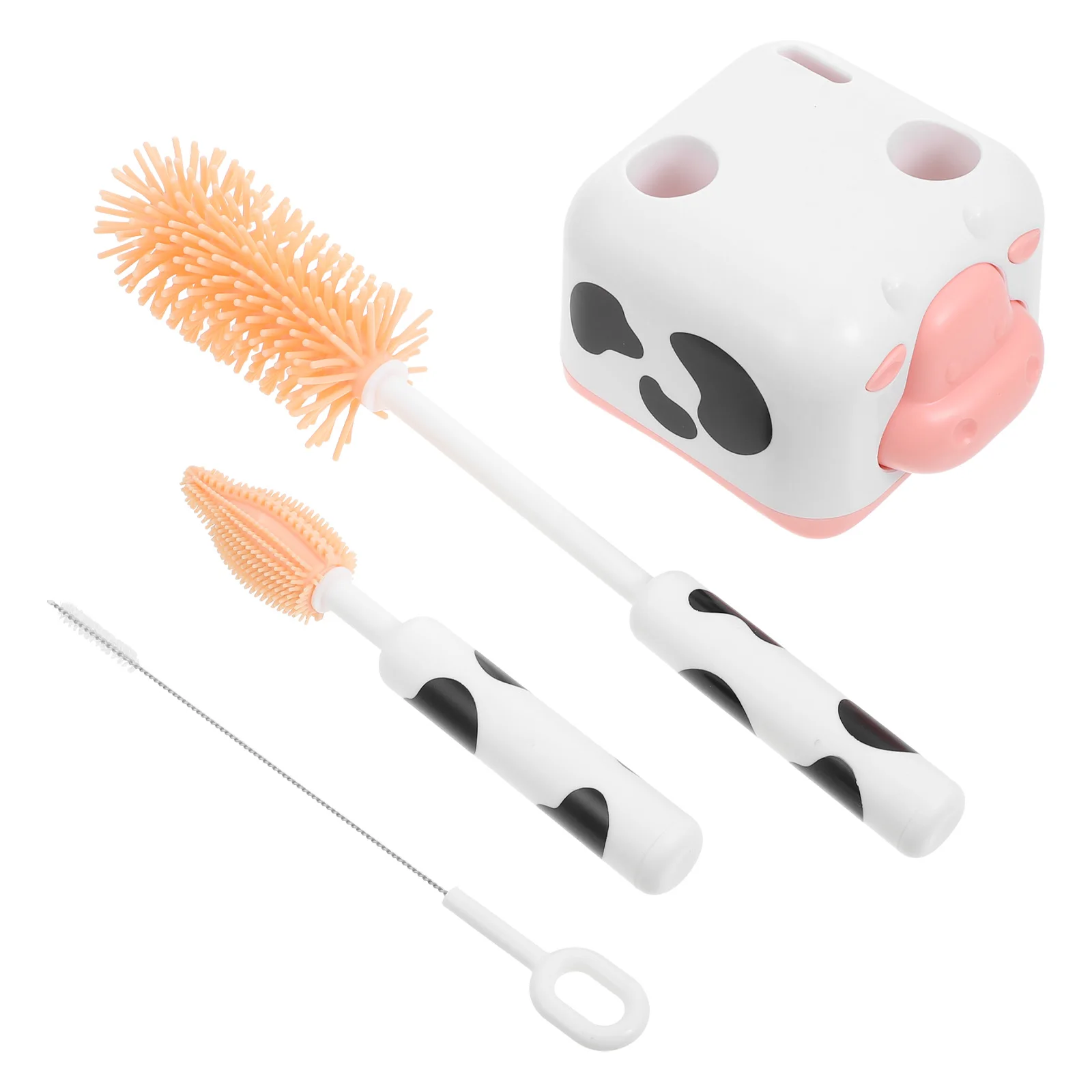 

4pcs Bottle Cleaning Brush Electric Baby Bottle Brush Set Cute Cow Drain Rack Storage Silicone Safe Hygienic Travel Washing Kit
