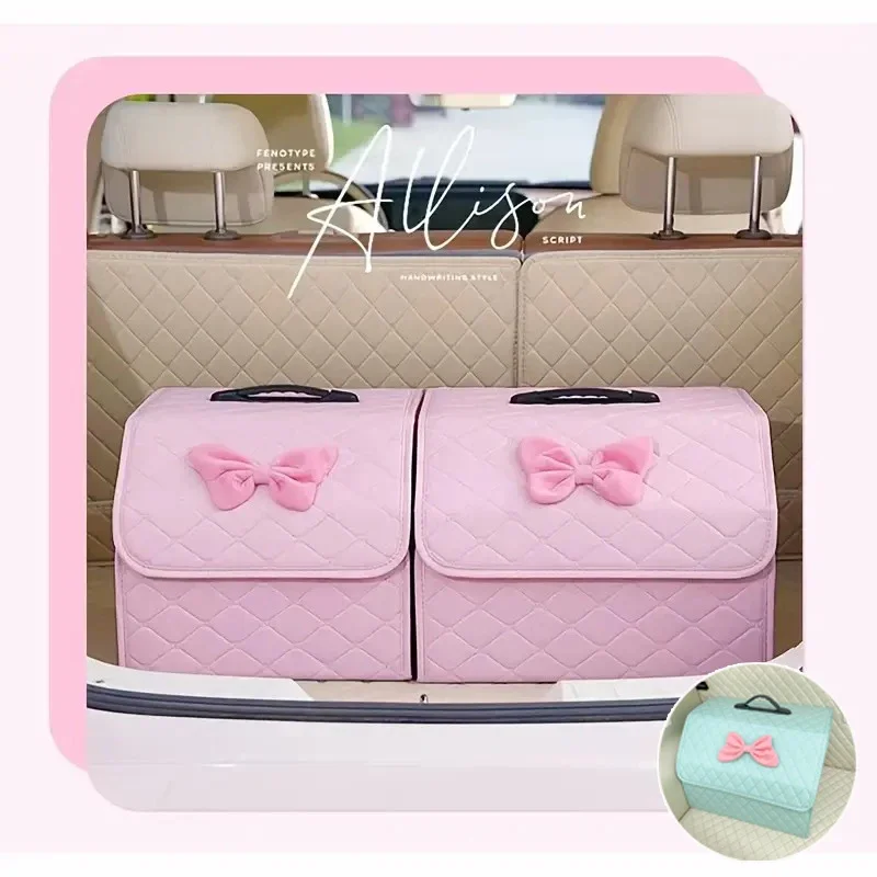 Multi-Purpose Car Trunk Organizers with PU Leather with Bow Design Collapsible Storage Boxes for Toys and Grocerie