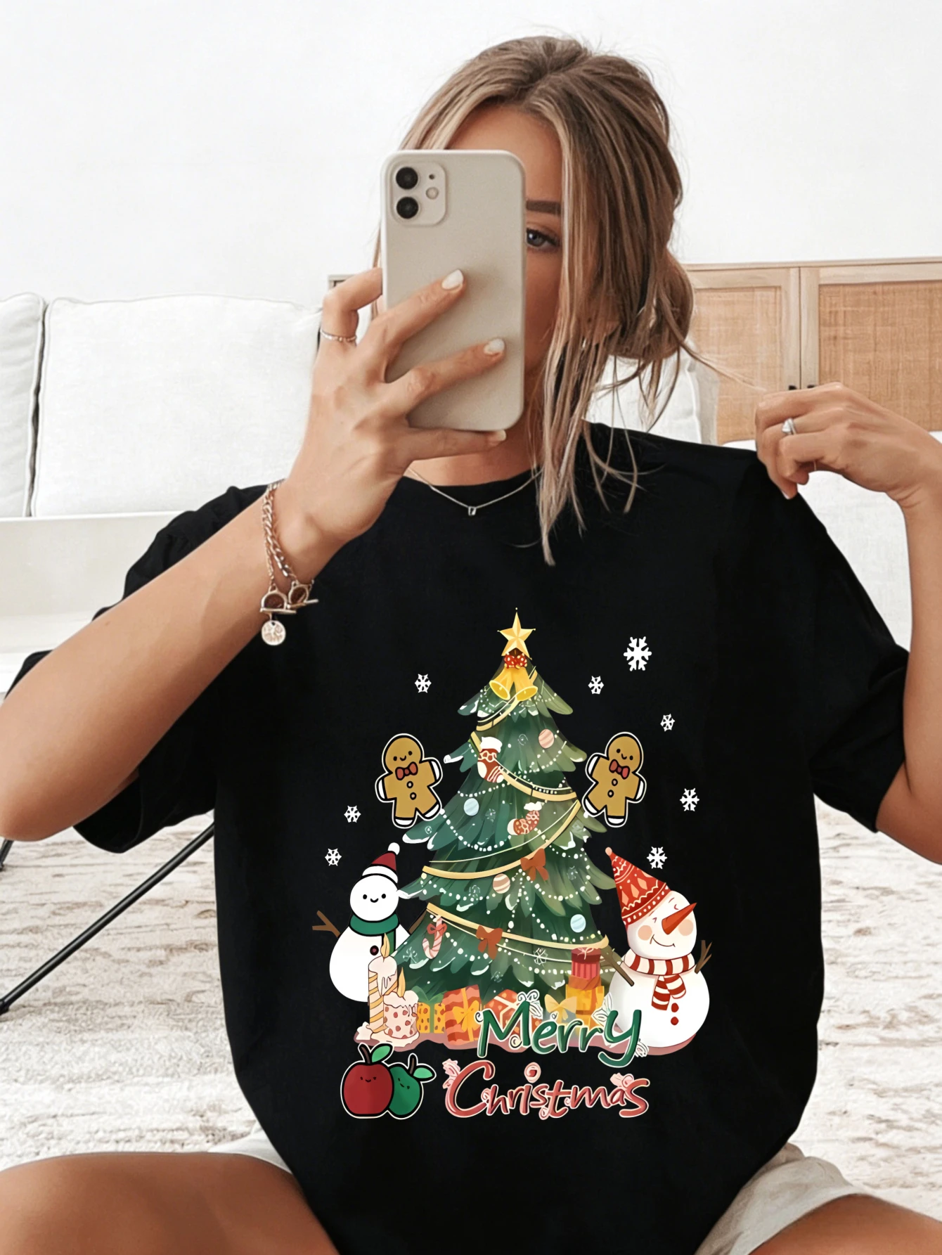 

Womens Cotton Oversized Graphic T Shirt Christmas Tree Snowman Printed Casual Everyday Short Sleeve Gift for Her