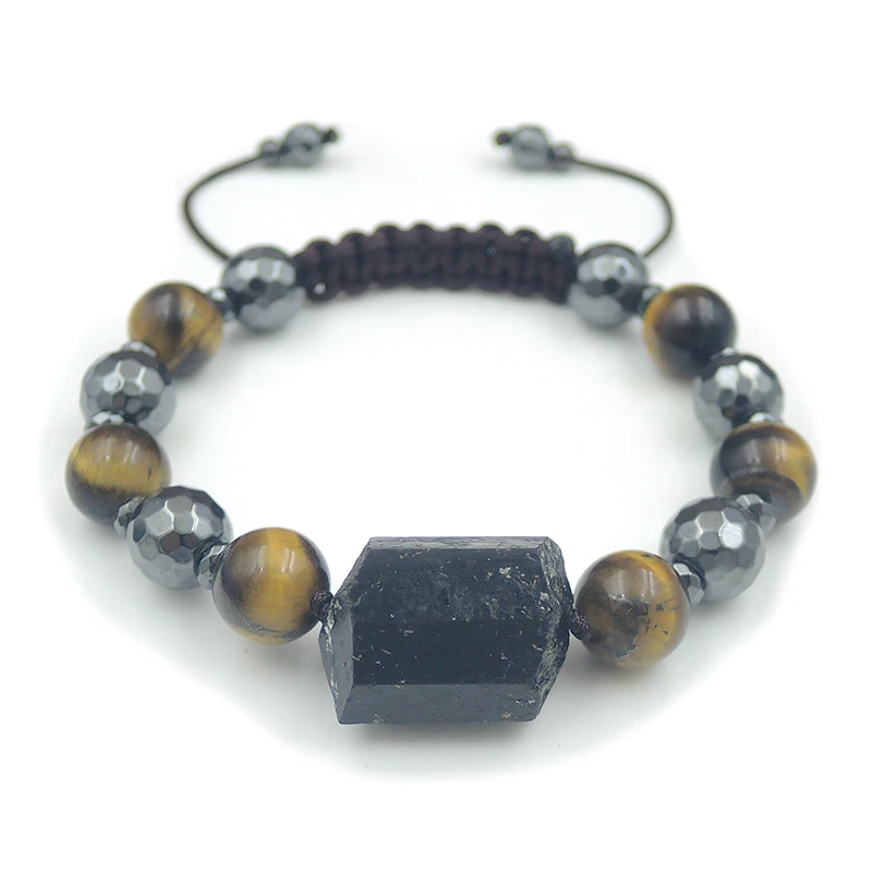 Black Tourmaline Point Hematite Faceted Tiger Eye Round Beads Bracelet Hand-knitted Approx 6-8 Inches