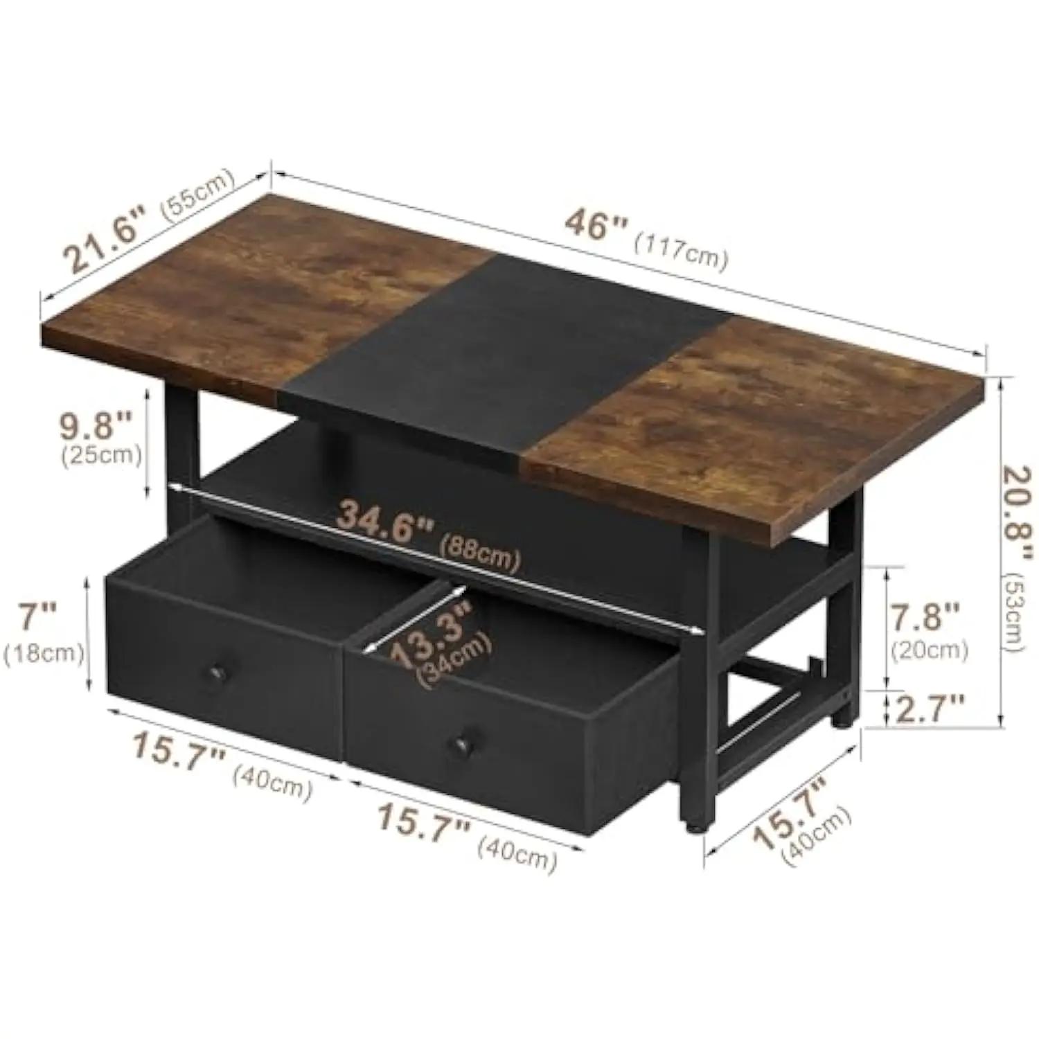 2-Tier Coffee Table with Storage Shelf and 2 Drawers, 46'' Rectangular Center Table Wood Top for Living Room Reception Room, M