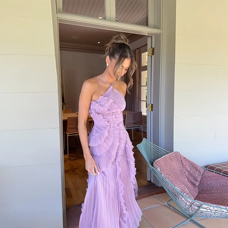 

Slimming Satin Print Dr with Ruffle Neline And Svel High Waist Midi Skirt for Women Ele Purple Color