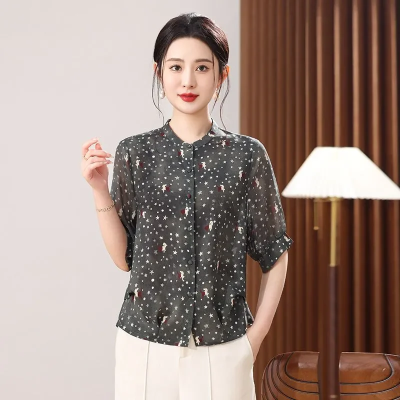 

Women Floral Print Chiffon Short Sleeve Blouse Loose Casual Summer Shirt for Moms