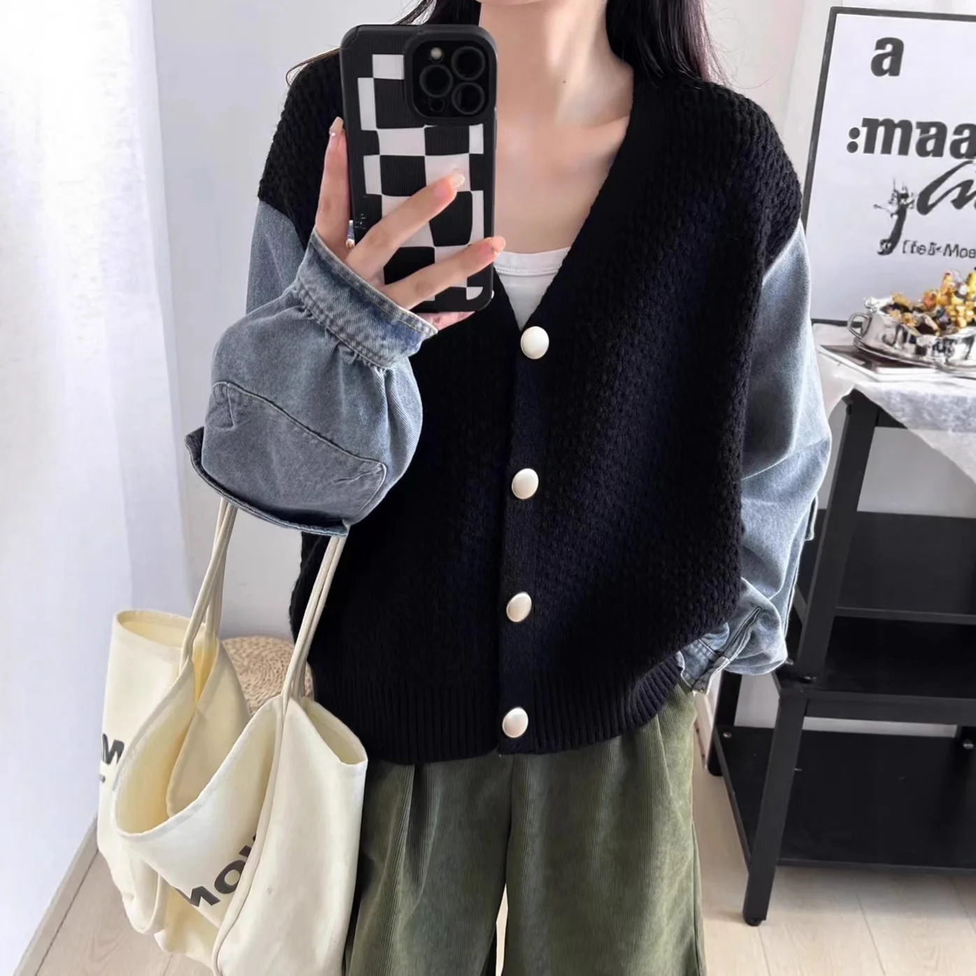 

Women Denim Coat Casual Jackets Spliced V Neck Long Sleeves Knitted Loose Sweater Jumper Slight Strech Open Stitch 2025 Autumn