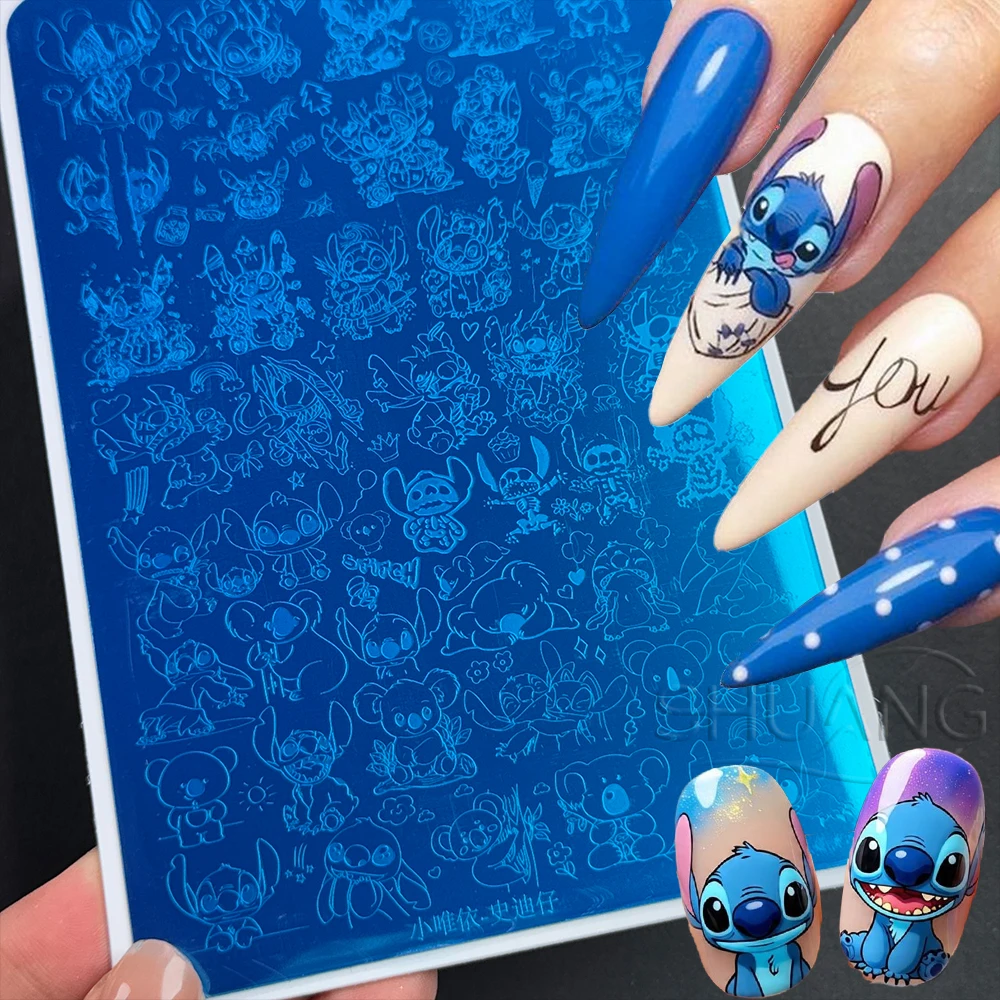 

1Pcs Cute Stitch Nail Stamping Plates Sticker 3D Cartoon Stitch Ugly And Kawaii Monsters Nail Printing Template DIY Nail Stencil
