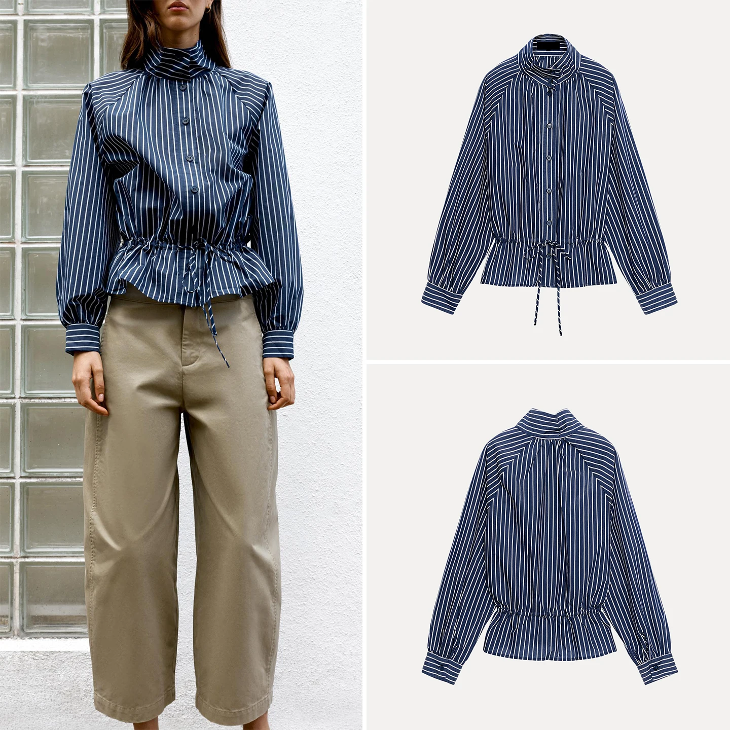 Women's Casual Style Long Sleeve Striped Shirt Stand Collar Adjustable Hem Loose Fit Autumn New Arrival ZADATA Short Outerwear