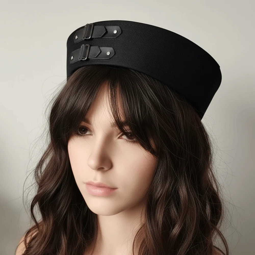 

Photo Black Leather Buckle Sailor Hat PU Chain Sweet Captain Hat Versatile Y2K Vintage Beret Rave Festivals