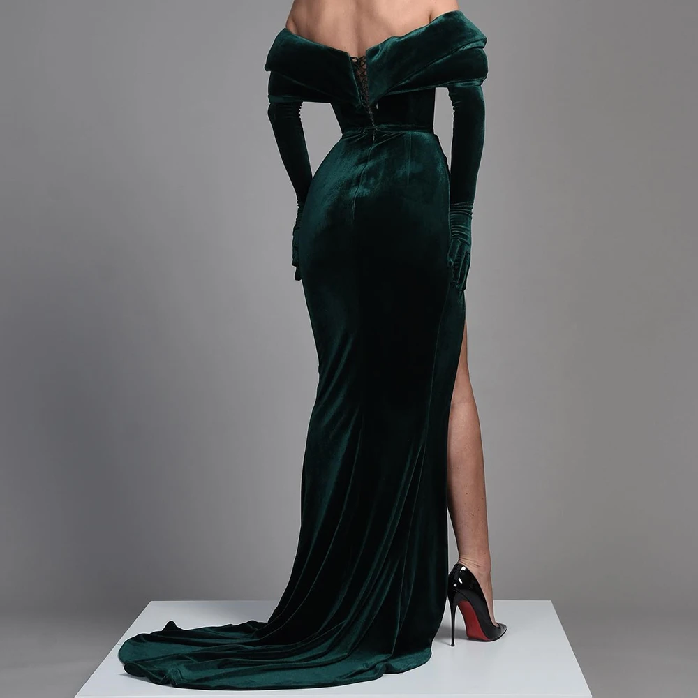 Customized Exquisite Velvet Straight Side Slit Crystal Evening Dress Delicate Floor Length Long Sleeves vestidos de fiesta