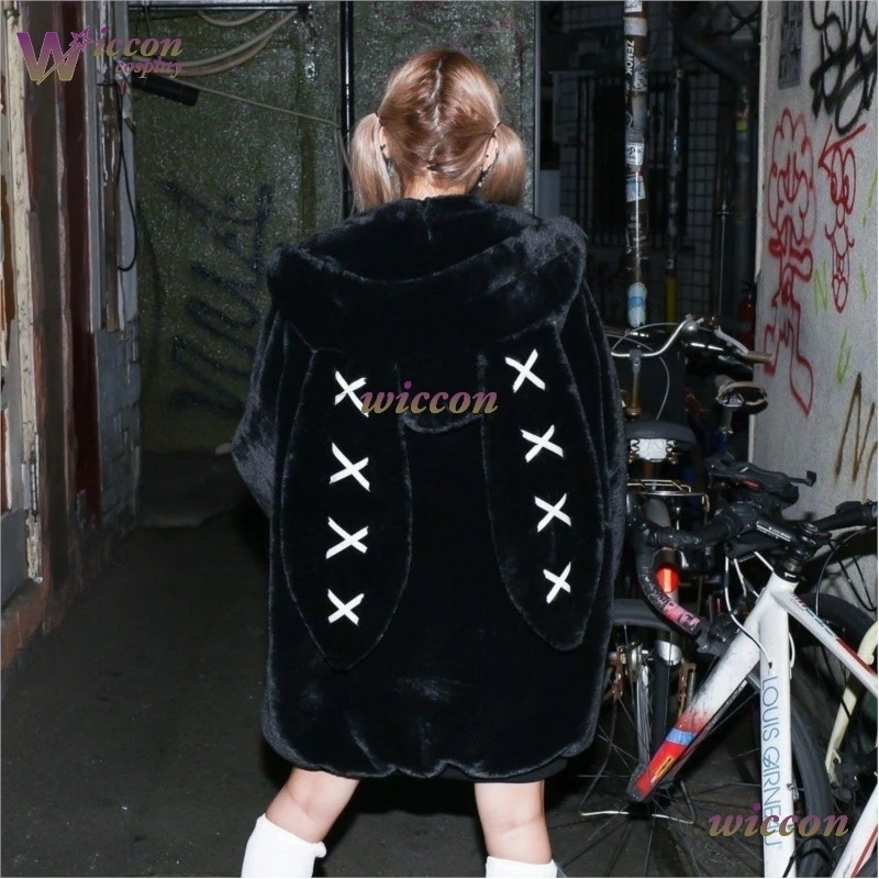 

UhA 2025 Winter Clothing Women's Jackets Harajuku Rabbit Ears Punk Black Coat Thicked Furry Zipper Oversized Y2k Tops Ropa Mujer