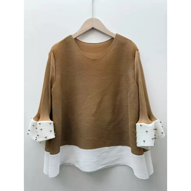 T-shirt Long Sve avec perles de couleur pliée, pantalon ample à jambes larges, vêtements d'extérieur simples, taille haute, automne