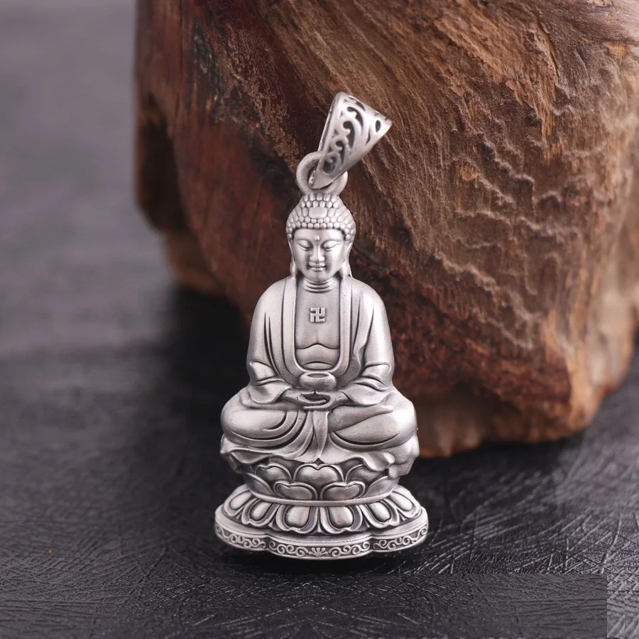 S999 Real Silver Retro Double-sided Buddha Necklace Pendant Man Thai Silver Exquisite Vintage 3D Buddha Statue Chain Pendant