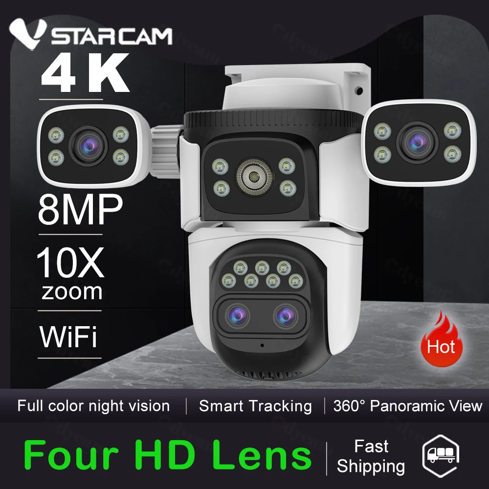 Vstarcam 4K 8MP 10X Zoom WIFI IP Camera 4 Lens 4-Screens Outdoor Smart Tracking PTZ Camera Video Surveillance Waterproof Camera