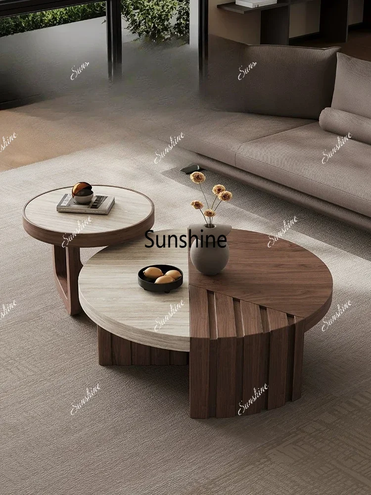Medieval style round solid wood coffee table living room creative walnut color matching household coffee table T*