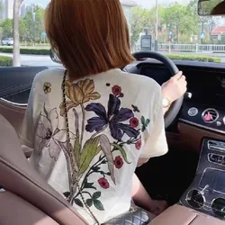 Oil Painting Flower Aesthetic T Shirts Fashion Letter Print T-shirt White Pure Cotton Short Sleeve Summer Tee Tops Korean Style