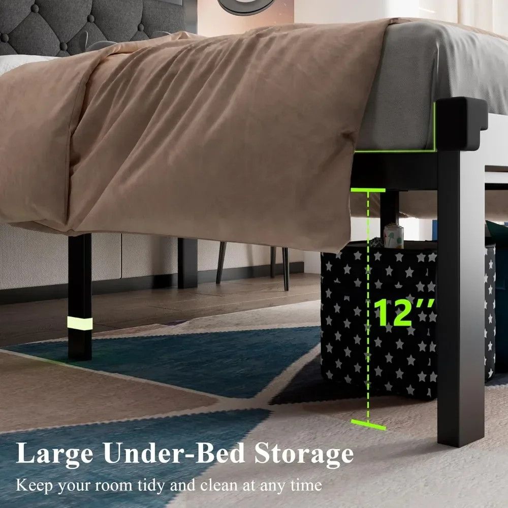 Metal Bed Frame with Faux Leather Button Tufted Headboard, Storage, No Box Spring Needed, Noise Free Bed Frame