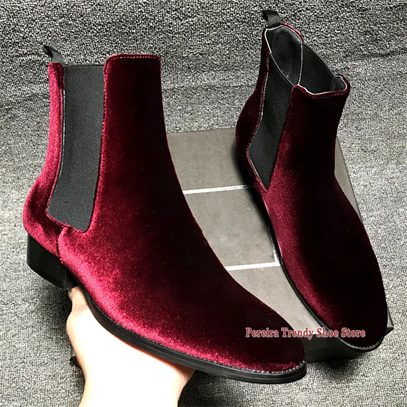 

Винно-красные бархатные ботинки челси для мужчин, осенне-зимние короткие ботинки без шнуровки с острым носком, британский стиль, банкетные свадебные модельные туфли