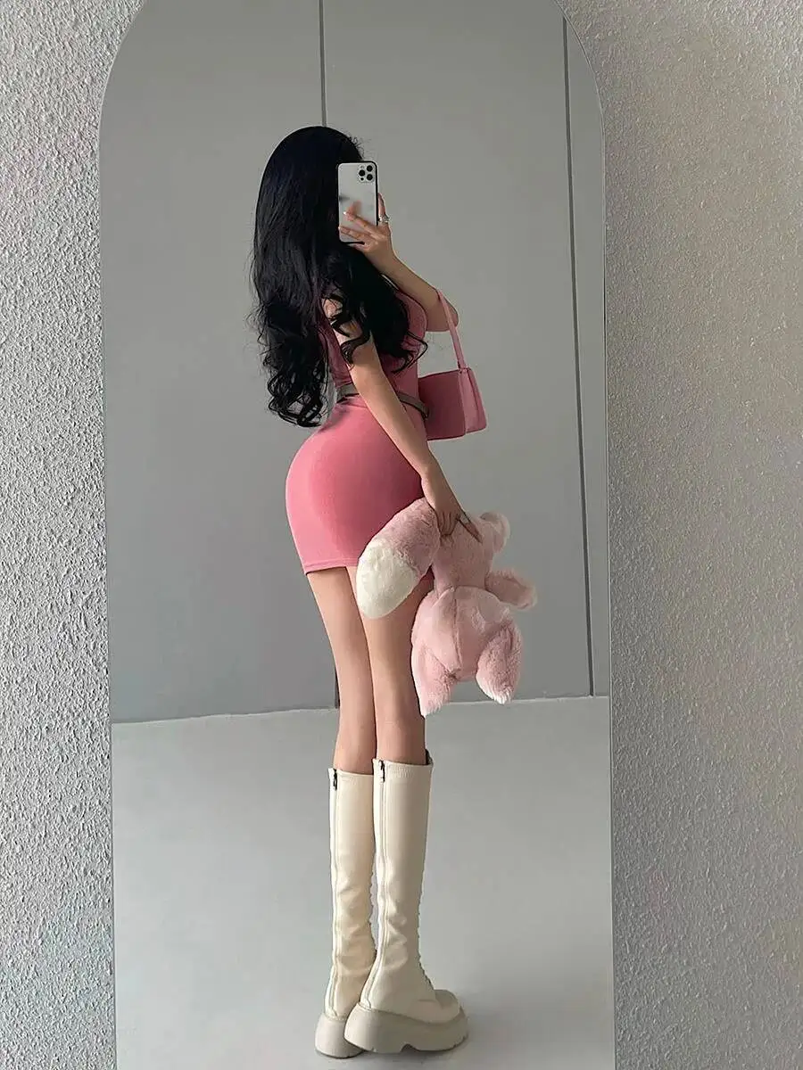 WOMENGAGA Sexy Sottile Abito a maniche corte Elegante T-shirt corta Mini abito Dolcevita Cintura Rosa Hot Sexy Donne coreane Bella 0Q8N
