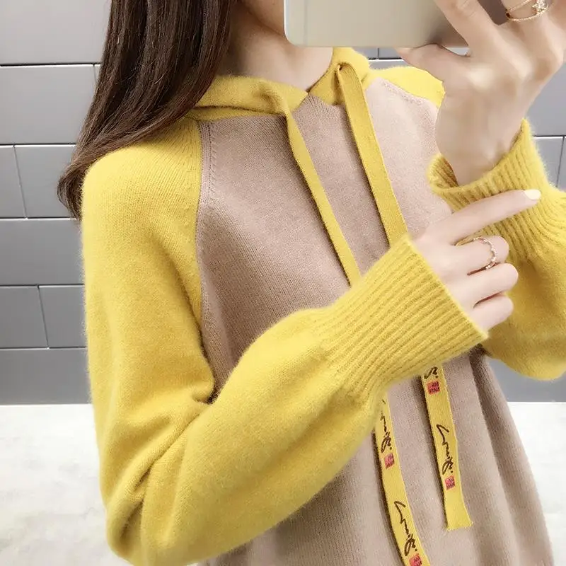 Autumn Winter Korean Fashion Spliced Hooded Tops 2023 Women's Clothing Casual Loose Long Sleeve Knitted Pullovers for Female