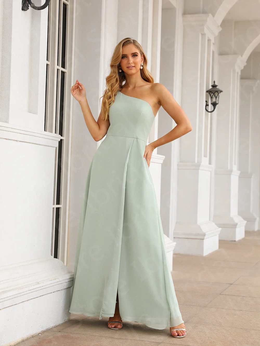 Stunning Latest Mint Bridesmaid Dresses Chiffon Long Maid of Honor Gowns One Shoulder Wedding Party  Side Split Sleeveless