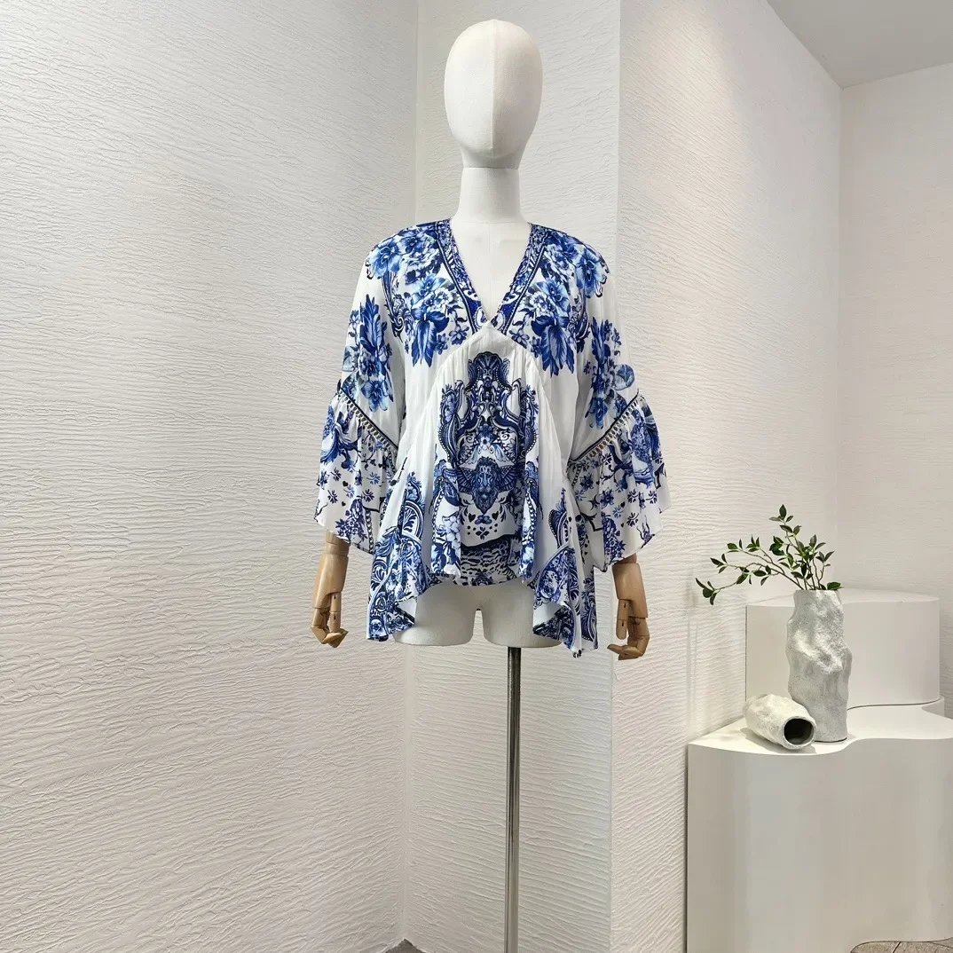 2024 Silk Blue White Porcelain Print Vintage Collection Long Diamonds Pressed V-Neck Loose Blouse High Quality Tops