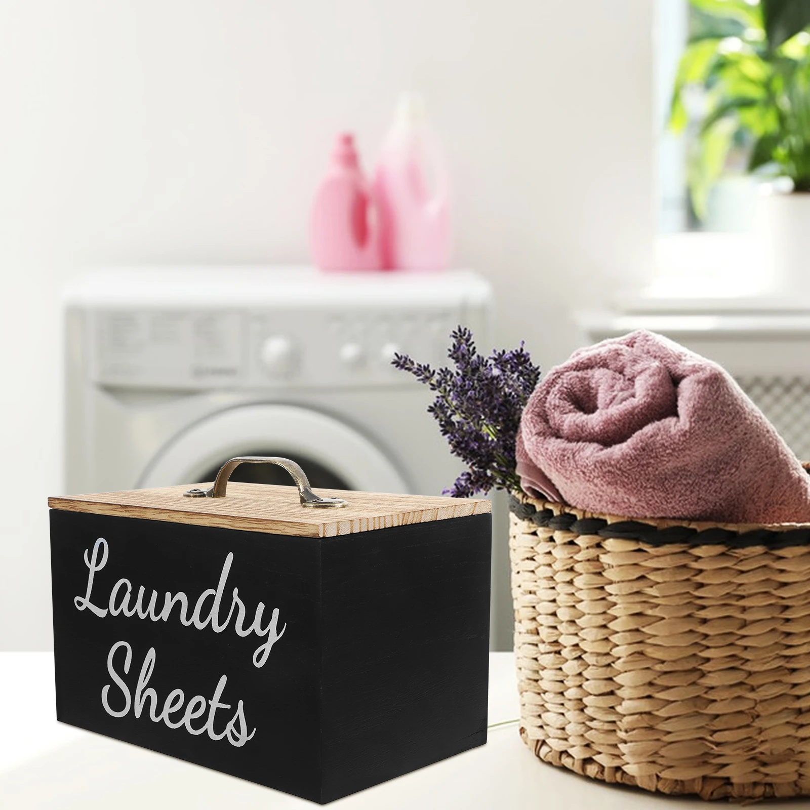 

Wood Laundry Holder Pod Container Farmhouse Laundry Room Storage Organizer Ball Soap Dispenser Natural Decor Dryer Sheet
