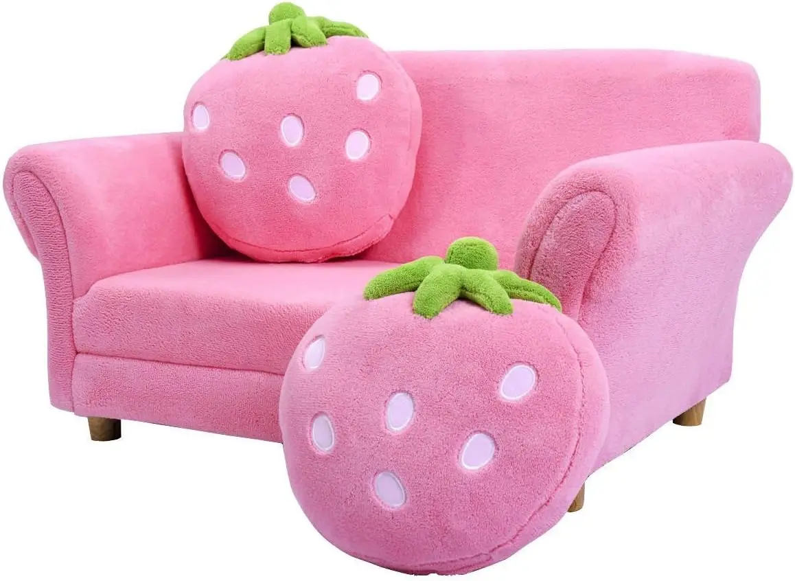 Kids Couch, Double Seat Pink Children's Sofa with 2 Strawberry Pillows, Toddler Armrest Chair for Bedroom, Living Room,