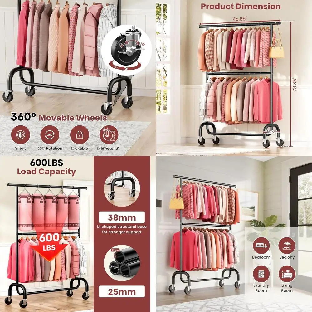 

Sturdy 600 LB Rolling Garment Rack with Locking Wheels, Double Rod for Home, Laundry, or Store Use, Black