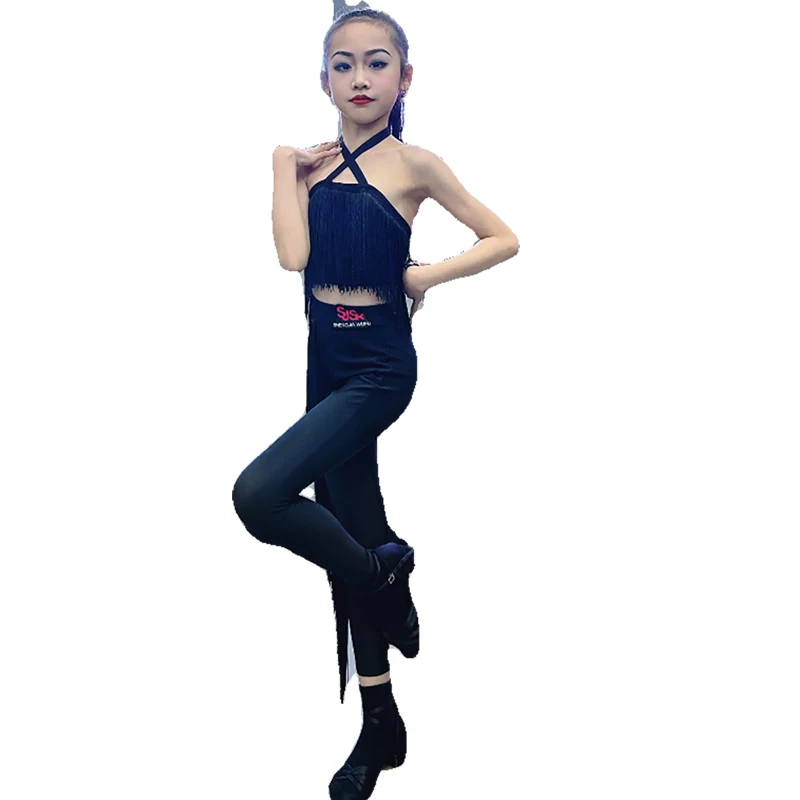 2024 New Latin Dance Performance Costumes For Girls Black Tassel Split Pants Suit Chacha Rumba Tango Latin Dance Dress DN17648