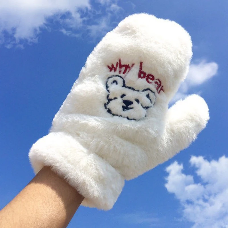 

2022 Bear Gloves Women Soft Plush Glove Lovely Embroidery Bear Gloves Winter Thicken Warm Mitten Hand Guards Fingerless Mittens