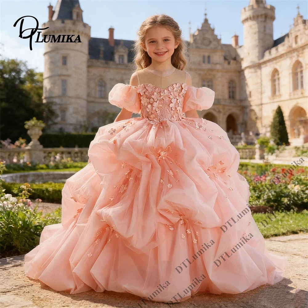 Princess Ball Gown Flower Girl Dress with Puff Sleeves 3D Floral Appliques Tiered Tulle Sparkly Kids Formal Dresses Birthday